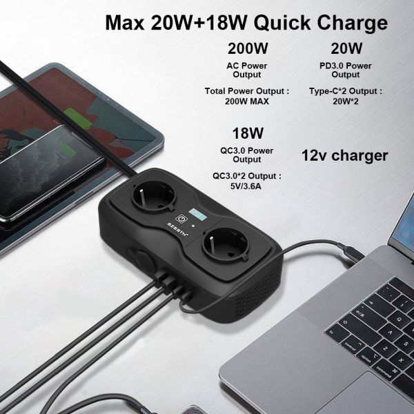 Car Power Inverter Dc 12v To 110v Ac Dual Usb 3.1A GaN PD Quick Charger