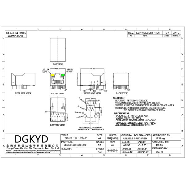 100BASE Magnetics Modular jack RJ45 Ethernet Port with discrete transformer