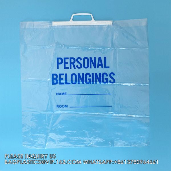 Hard handle Patient Belonging Bag, 1.4 mil Thick, 20" W x 20" Large, 4" Gusset, Clear Bag with Blue Print