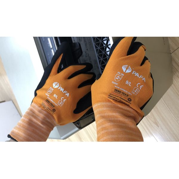 Orange Polyester Liner Black Microfoam Latex Palm Gloves For Warehouse Handling Use