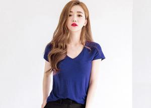China Sexy V Neck Women's T - Shirts Combed Cotton Soft Color Blue Casual Tee on sale