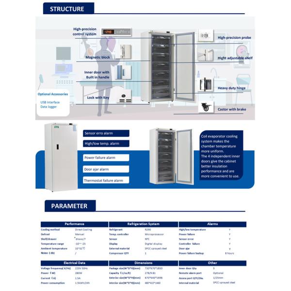 Energy Saving -25 Degrees 278L spayed steel Upright Medical Deep Freezer