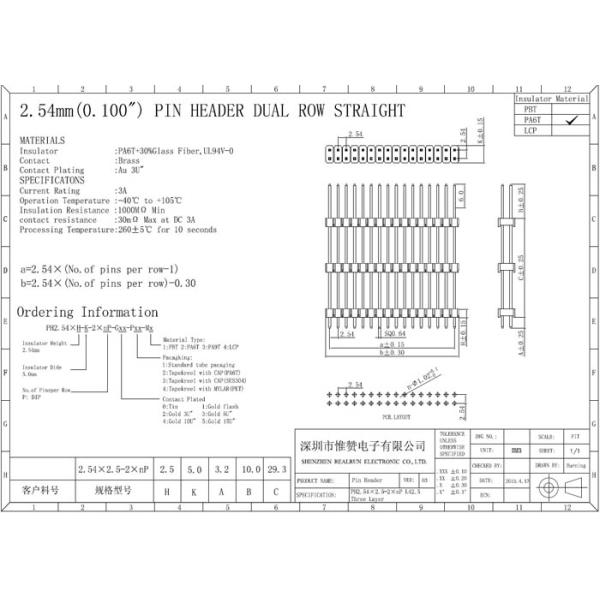 PBT LCP PA6T 40P Dual Row Pin Header Straight Three Plastic Au 3U"