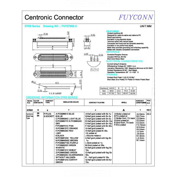 36pin Parallel Port Printer Connector , 50 / 64 Pin Solderless PCB Centronics Connector
