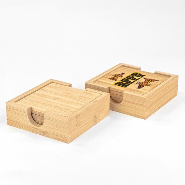 Square Shape Sublimation Bamboo Wooden Coaster Set With Holder Custom Wooden Tea Cup Mat Pad Bamboo Coaster