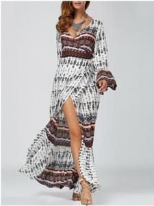 Quality Ethnic Print High Slit Bell Sleeve Wrap Dress Bohemian beach long woman dress wholesale
