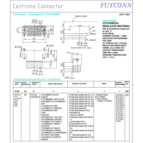 V.35 Female Connector 34pin Right Angle PCB Connector for Router with board lock