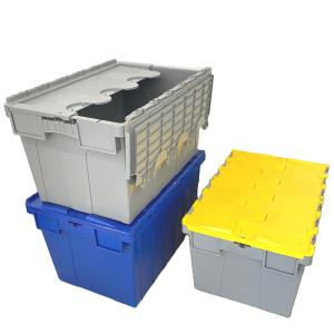 Quality Solid Box Style Plastic Nestable Moving Crates with Lids Stackable Storage Attached wholesale