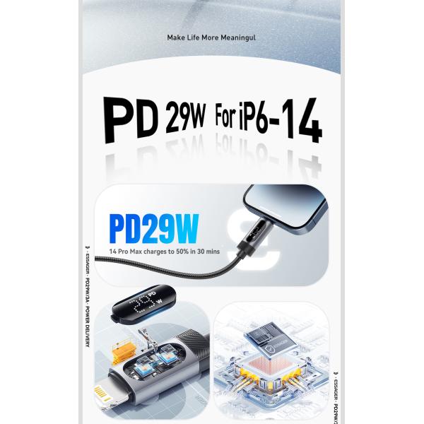 ESSAGER ES-X64 Series 29W USB-C to Lighting Charging Cord Data Cable with Aluminum Alloy Jacket and PD Function