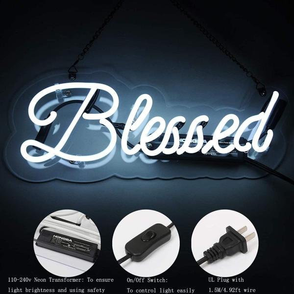 Blessed Neon Sign 15 x 4 Inch Handmade Glass 3D Visual Effect White Neon Light Plug-in Novelty Night Light Hanging Decor