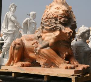 China Nature Stone carving lions statue pink marble animal sculpture,stone carving supplier on sale