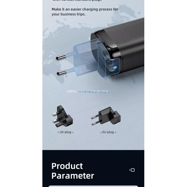 65W GaN 3 Ports USB Type-c Travel Adapter for High Speed Charging of Multiple Devices