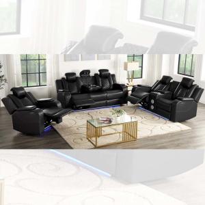 China Power Recliner Sofa set with Power Recliner Seats and Power Headrests and Dropdown Table and Bluetooth Audio Speaker and Storage Box and Storage Arms and LED Light, Black Breathable Leatherette on sale