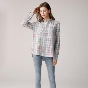 China Ladies 100% Linen Open Neck Collar Shirt Blouse Plaid Pattern Button Decor Breathable on sale