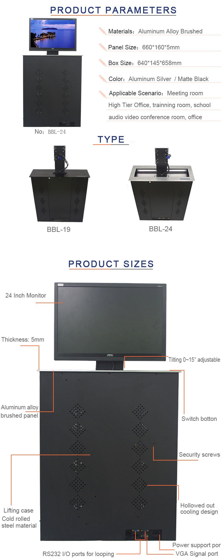 Fits 19~24 Inch Monitor Hidden Desk Motorized Computer Monitor Lift Presentation 19~24 Inch LCD Screen for Conference Table 5mm