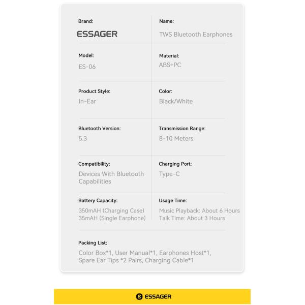 ESSAGER ES-06 Series TWS Wireless Earphones Noise Cancelling Earbuds Waterproof