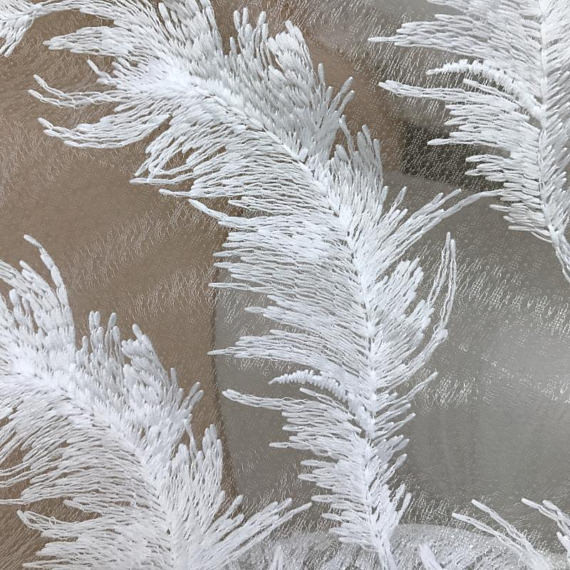 White Stretch Embroidered Mesh Lace Fabric By The Yard For Wedding Dress / Evening Dress