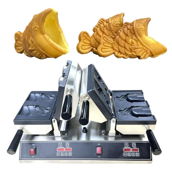 Cheap Double Waffle Maker Ice Cream Machine with Open Mouth Fish Shape and Timer 0-10 minutes for sale