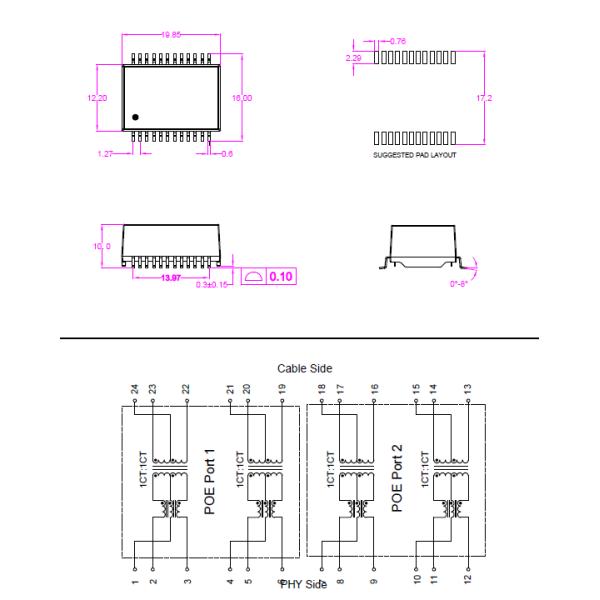 SMD 1CT/1CT Power Lan Transformer G24115CE 19.85x16.00x12.2mm RoHS Compliant