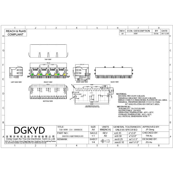RJ45 quad port RJ45 network port integrated gigabit transformer network connector With Transformer For Ethernet Switc DGKYD114Q070DB2A1D3