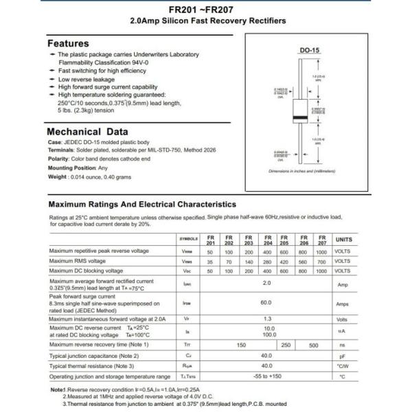 Silicon Fast Recovery Rectifiers Diode 2.0A FR201 Thru FR207 Do-15