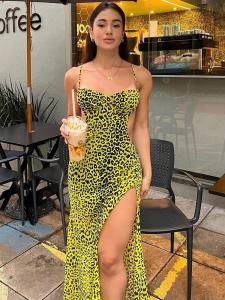 Quality Sexy Backless Hip Split Dress Fashion Hottie Leopard Halter Dress wholesale