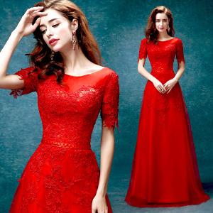 China Red Elegant Evening Dresses O Neck Short Sleeves Host Dress TSJY031 on sale