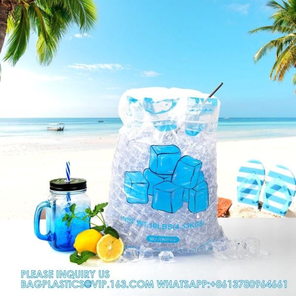 Reusable Ice Pattern Design Printing 2mil Thickness Heavy-Duty Plastic Ice Cube Storage Bags With Cotton Drawstring
