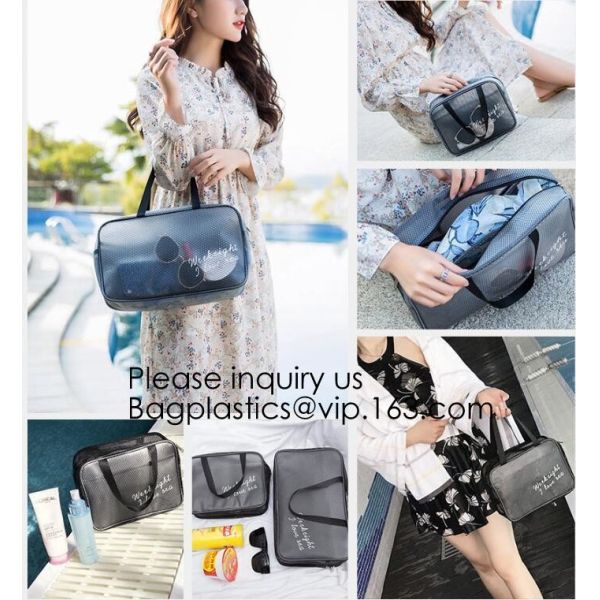 Compact Multi-purpose Handbag-style Transparent Glitter Cosmetic Pouch with Zipper Pocket on the Back, bagease, bagplast