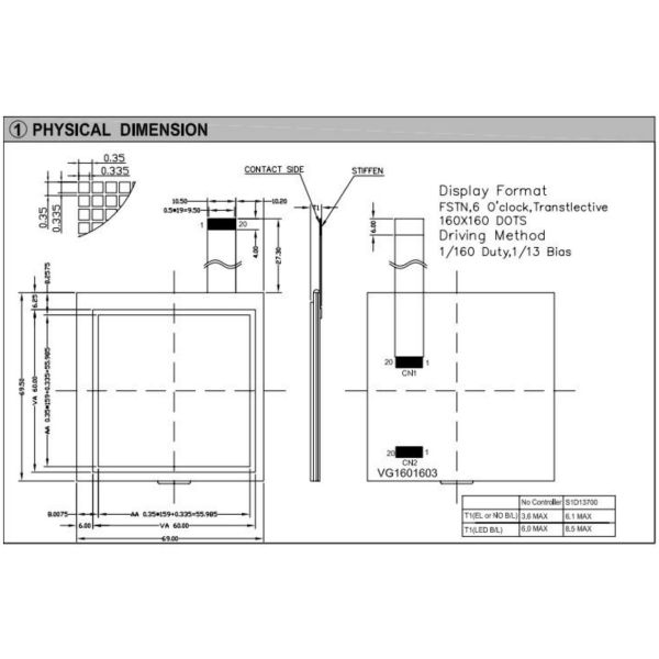160*160 Graphic LCD Module FSTN 6H Transflective 60*60mm Square Industrial Display With Backlight