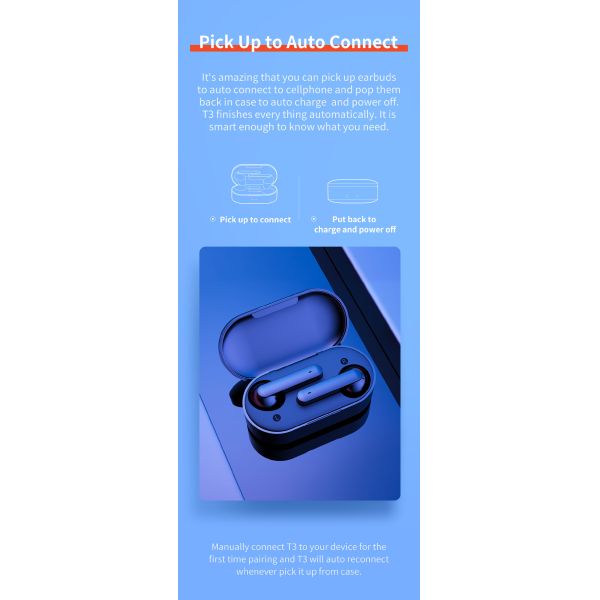 Kingmaster Factory T3 Bluetooth 5.0 Wireless Headphones 3D Stereo Dual-Mic Ipx5 Waterproof Earphones