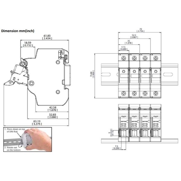 Power Safe 1 Pole 30A Rail Mount Fuse Holder PVRH1U For Ceramic Tube Solar PV Cartridge Fuse 1000VDC
