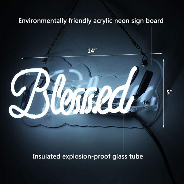 Blessed Neon Sign 15 x 4 Inch Handmade Glass 3D Visual Effect White Neon Light Plug-in Novelty Night Light Hanging Decor