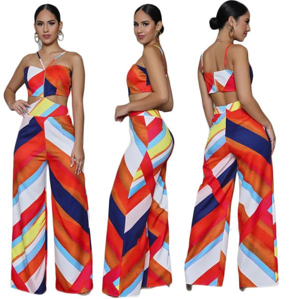 Print Halter Jumpsuit Wide-Leg Pants Casual Off The Shoulder Backless Playsuit