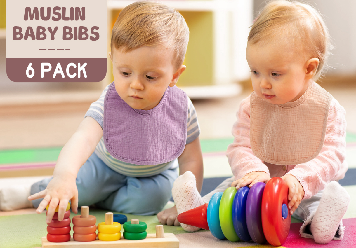 6-Pack Muslin Baby Bibs for Unisex Boys Girls, Cotton Baby Drooling and Teething Bibs
