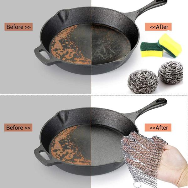 Faster Chain Mail Scrubber With Wood Pulp Sponge For Cast Iron Skillet