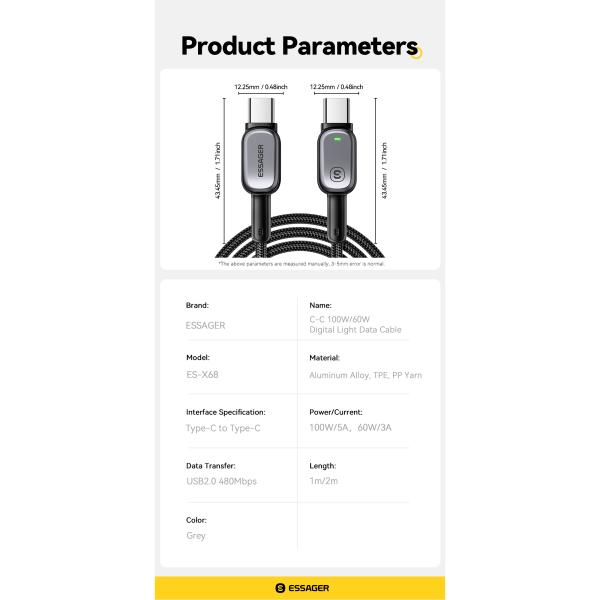ESSAGER ES-X66 Series 60W 100W USB C to USB C Cable Fast Charging and Data Transfer