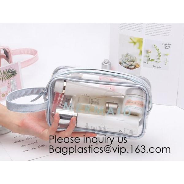 Compact Multi-purpose Handbag-style Transparent Glitter Cosmetic Pouch with Zipper Pocket on the Back, bagease, bagplast