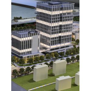 Architectural Model of Modern Urban Complex with Integrated Stadium, Business