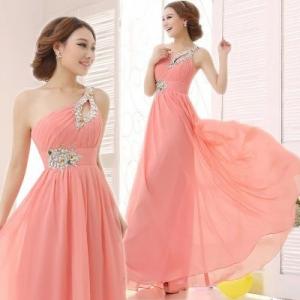 Quality Chiffon Long Pink Bridesmaid Dress Double Shoulder Straps Beading Sash Toast Dress wholesale
