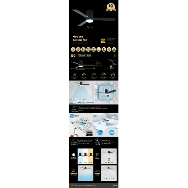 ceiling fan 3 Color LED Light 52 Inch Flush Mount Ceiling Fan With Silent DC Motor and Modern Style