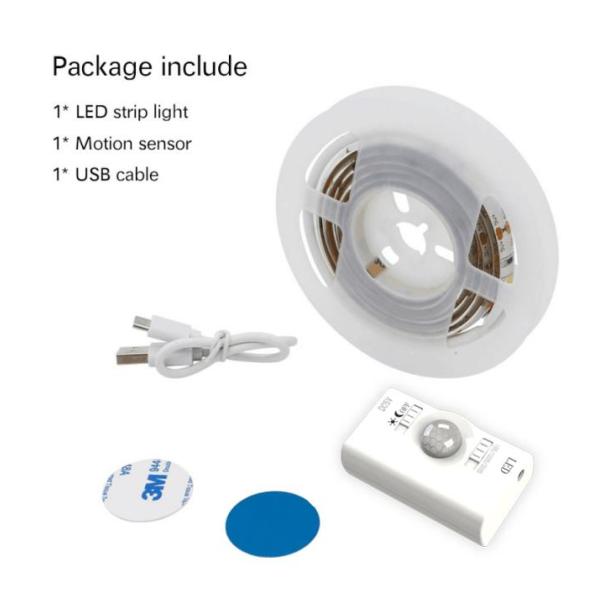 SMD2835 LED Strip Light with Motion Sensor 1m Length USB Rechargeable Day and Night Mode