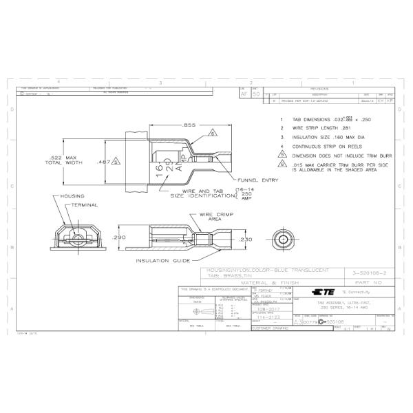 Amp Tyco Te 3-520106-2 Ultra-Fast 250 Quick Disconnects Tab 16 14 AWG Wire Size 1.31 2.08 mm Connector Terminals