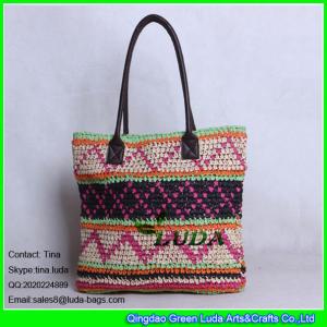 China LUDA spainish straw handbag fashion crocheted pattern paper straw bag leather handles on sale