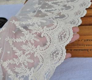 China Beige Floral Embroidery Mesh Lace Ribbon Trim , Cotton Nylon Tulle Lace Trim on sale