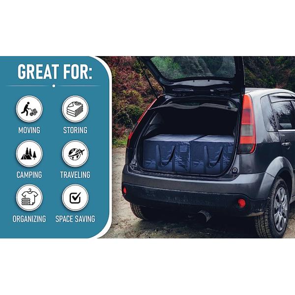 Blue storage bags stored in the trunk of an SUV car that is outdoors. Great for travel, transporting
