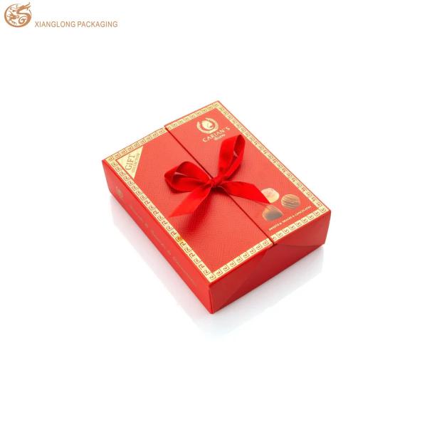 Custom Print Logo Double Door Chocolate Boxes Red Chocolate Packaging Box Wedding Favor Gift Boxes With Ribbon Closure