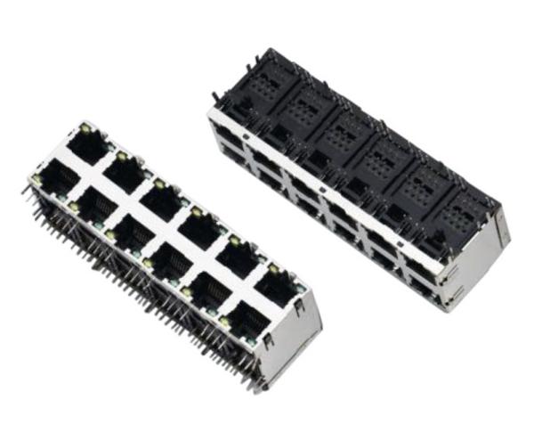 2x6 ports stacked Modular Jacks, shielded with EMI fingers, with LEDs