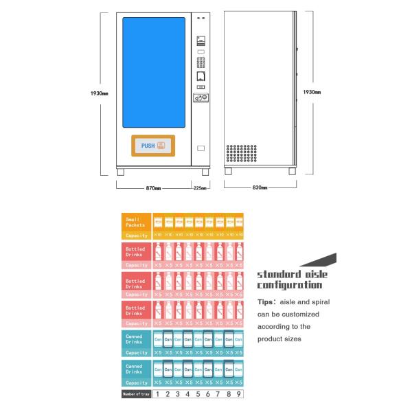 Big Touchscreen Combo Snack And Soda Advertisement Sprial Cash Payment English Language Vending Machine For Euro Market