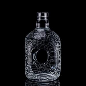Quality Glass Round Carved 700ml 750ml Vodka Glass Bottle Wine Bottle With Cork Sealing Type wholesale